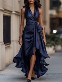 Stephanie | Dramatisches Satin-Maxikleid - Marineblau