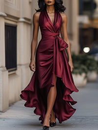 Stephanie | Dramatisches Satin-Maxikleid - Burgunder
