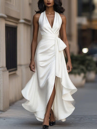 Stephanie | Dramatisches Satin-Maxikleid - Weiß
