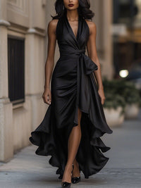 Stephanie | Dramatisches Satin-Maxikleid - Schwarz