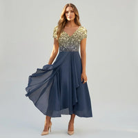 Emma | Damen Elegantes Tailliertes Hochzeitsgast Maxikleid - Blau