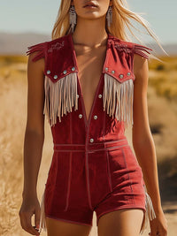 Tamara | Damen Fransen Jumpsuit Western Style - Rot