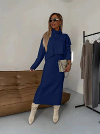 Thalina | Damen Strick-Set Zweiteilig Kleid Pullover - Blau