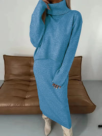 Thalina | Damen Strick-Set Zweiteilig Kleid Pullover - Hellblau