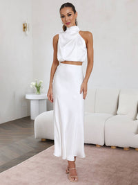 Tindra | Damen Neckholder Zweiteiler Crop Top Maxirock - Weiß