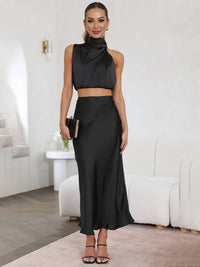 Tindra | Damen Neckholder Zweiteiler Crop Top Maxirock - Schwarz