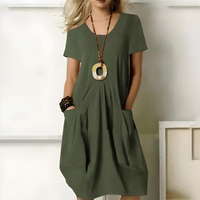 Aaliyah | Damen Lässiges Relaxed Fit Midikleid mit Taschen - Grün