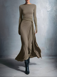 Laura | Damen Elegant Drapiertes Langarm Maxikleid - Khaki