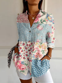 Gabriele | Damen Kerbenausschnitt Mixed Print Bluse – V-Neck Mix Muster Bluse 2026 - Blumenmuster Blau