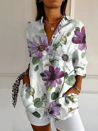 Gabriele | Damen Kerbenausschnitt Mixed Print Bluse – V-Neck Mix Muster Bluse 2026 - Lila Blumen