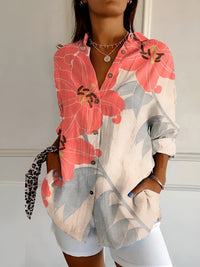 Gabriele | Damen Kerbenausschnitt Mixed Print Bluse – V-Neck Mix Muster Bluse 2026 - Orange/Grau Blumenmuster
