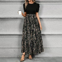 Aria | Damen Maxi-Kleid Puffärmel Blumendruck Bindegürtel - Farnmuster Schwarz