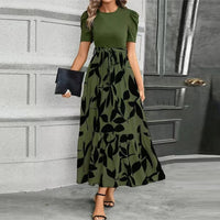 Aria | Damen Maxi-Kleid Puffärmel Blumendruck Bindegürtel - Olivenblatt Schwarz