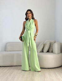 Kamwi - Eleganter Jumpsuit Mit Drapiertem Ausschnitt Und Weitem Bein - Grün