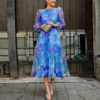 Viviana | Damen Midi Blumenkleid mit Ballonärmeln - Blau