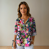 Adina | Damen Blumenmuster Bluse Knotenverschluss – Knotenbluse Floral Sommer 2026 - Blau - Rosa