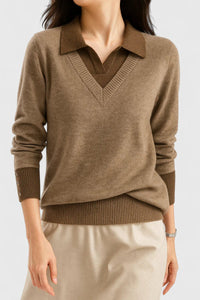 Camila | Damen V-Ausschnitt Polo-Kragen Pullover mit Knopfärmeln - Braun