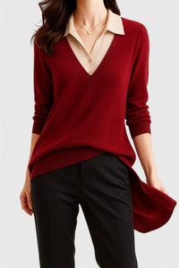 Camila | Damen V-Ausschnitt Polo-Kragen Pullover mit Knopfärmeln - Rot