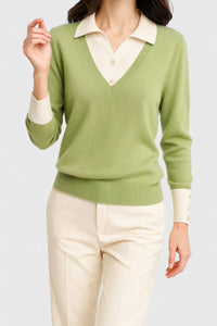 Camila | Damen V-Ausschnitt Polo-Kragen Pullover mit Knopfärmeln - Limette