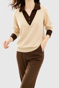 Camila | Damen V-Ausschnitt Polo-Kragen Pullover mit Knopfärmeln - Beige