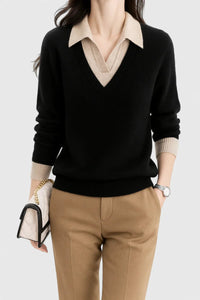 Camila | Damen V-Ausschnitt Polo-Kragen Pullover mit Knopfärmeln - Schwarz