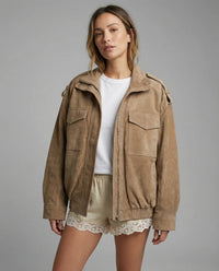 Damen Bomberjacke mit langen Ärmeln und Taschen - Hellbraun