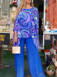 Tamsin | Damen Zweiteiler Set Oversize Bluse Palazzo Hose - Blau
