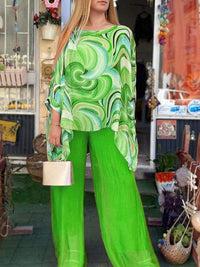 Tamsin | Damen Zweiteiler Set Oversize Bluse Palazzo Hose - Grün